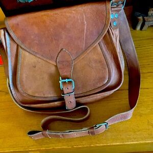 Komal’s Fashion Leather, 12” crossbody bag, made in India, owned.Boho crossbody.